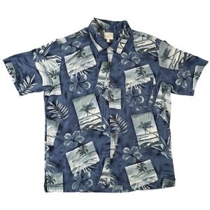 Trader Bay Mens Blue 100% Silk Tropical Palm Tree Floral Button Down Shirt L
